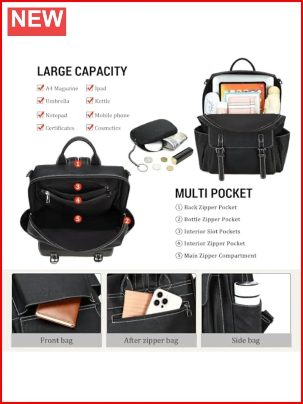 Ladies PU Leather Backpack Purse with Laptop Compartment, Shoulder Handbag